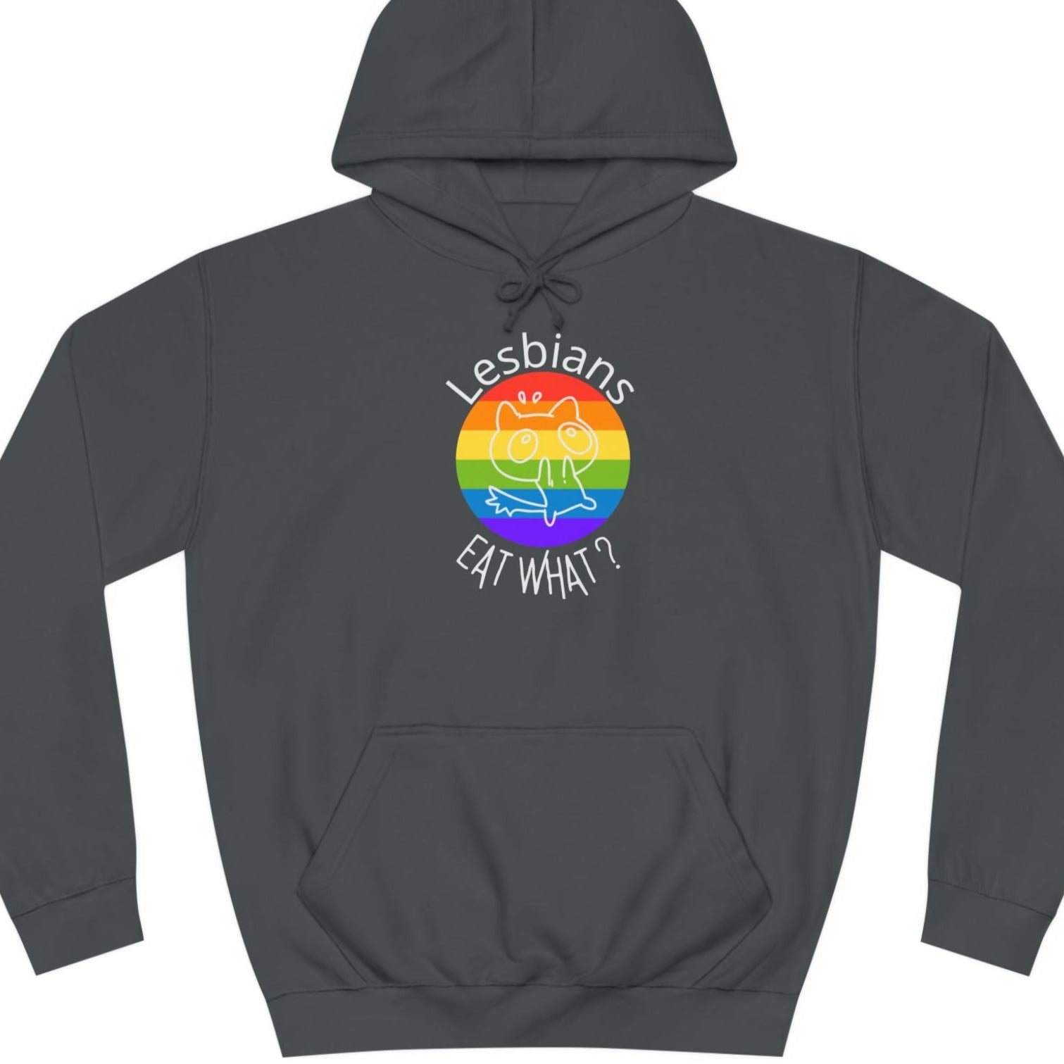 Funny lesbian hoodie featuring Lesbians EAT WHAT? meme with scared cat – Designed by Queer Energy in gray