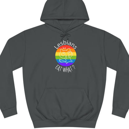 Funny lesbian hoodie featuring Lesbians EAT WHAT? meme with scared cat – Designed by Queer Energy in gray