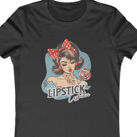 Gay pride t-shirt featuring Lipstick Lesbian funny LGBTQ+ design – Designed by Queer Energy in black