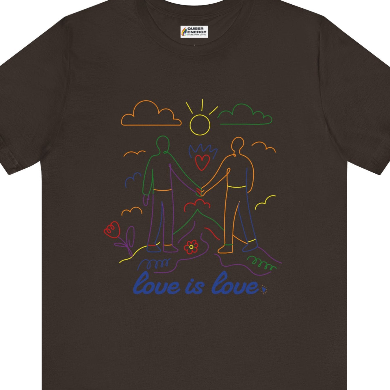 Gay pride t-shirt featuring Love Is Love gay doodle art design in rainbow colors by Queer Energy in brown