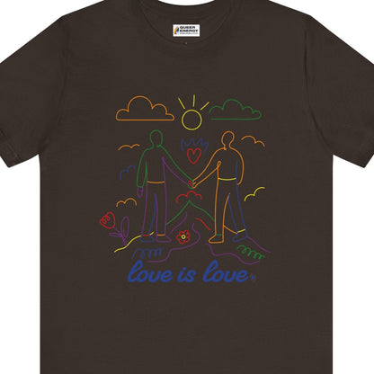 Gay pride t-shirt featuring Love Is Love gay doodle art design in rainbow colors by Queer Energy in brown
