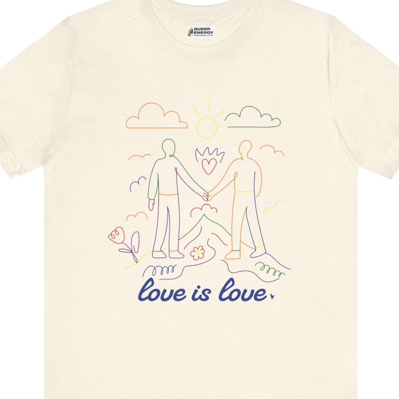 Gay pride t-shirt featuring Love Is Love gay doodle art design in rainbow colors by Queer Energy in tan