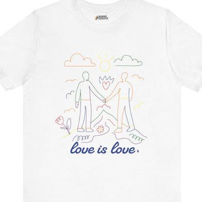 Gay pride t-shirt featuring Love Is Love gay doodle art design in rainbow colors by Queer Energy in white
