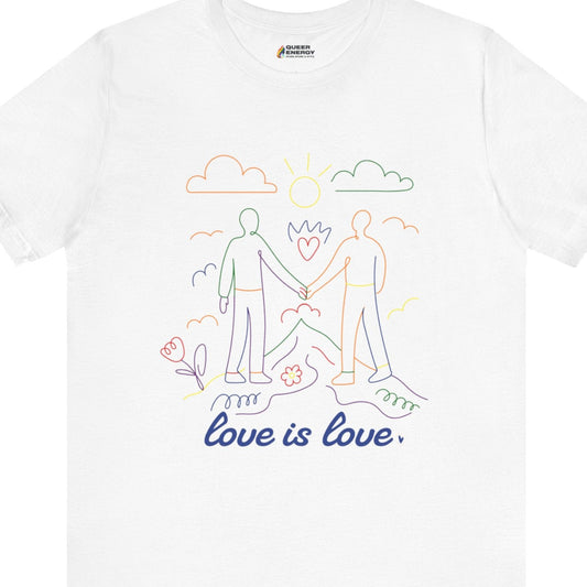 Gay pride t-shirt featuring Love Is Love gay doodle art design in rainbow colors by Queer Energy in white