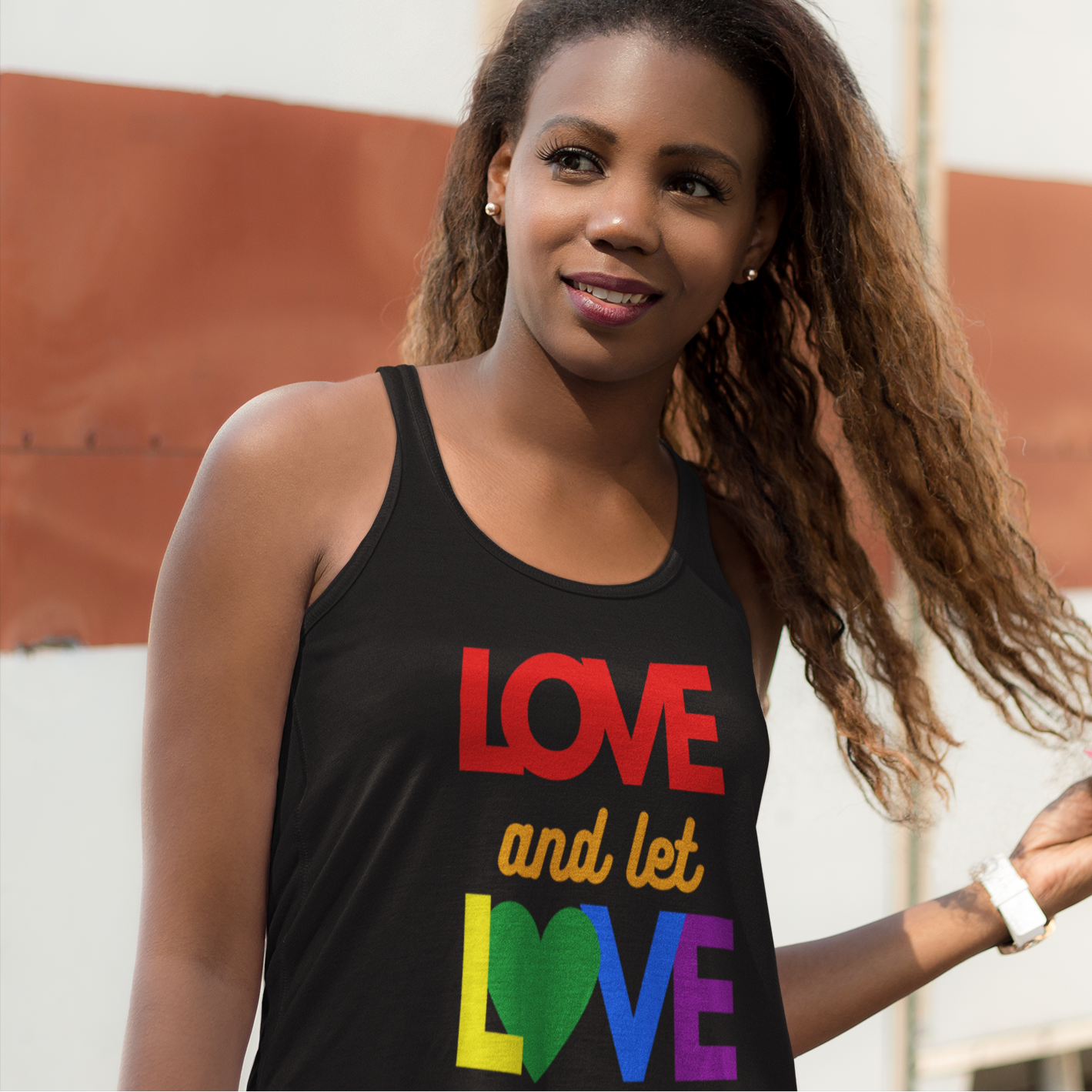 "Love and Let LOVE" LGBTQ Pride Tank featuring a bold rainbow design – Designed by Queer Energy black mockup