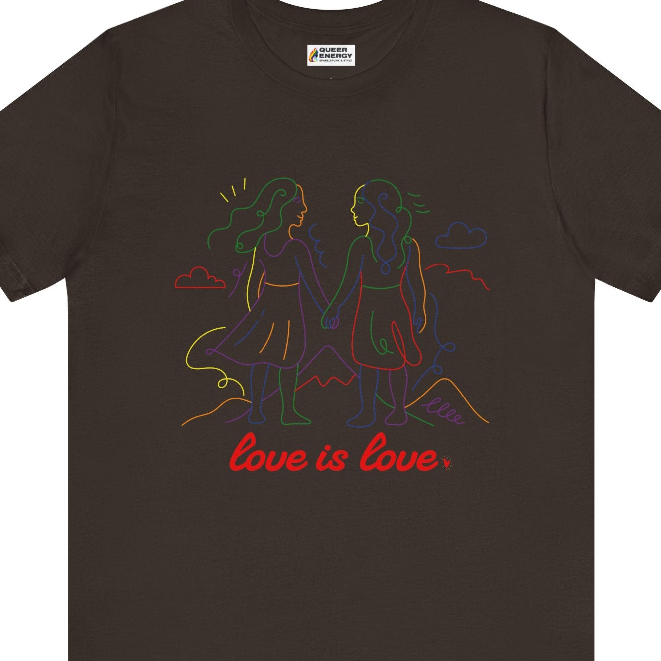 Gay pride t-shirt featuring Love is Love lesbian doodle design in rainbow colors by Queer Energy in brown