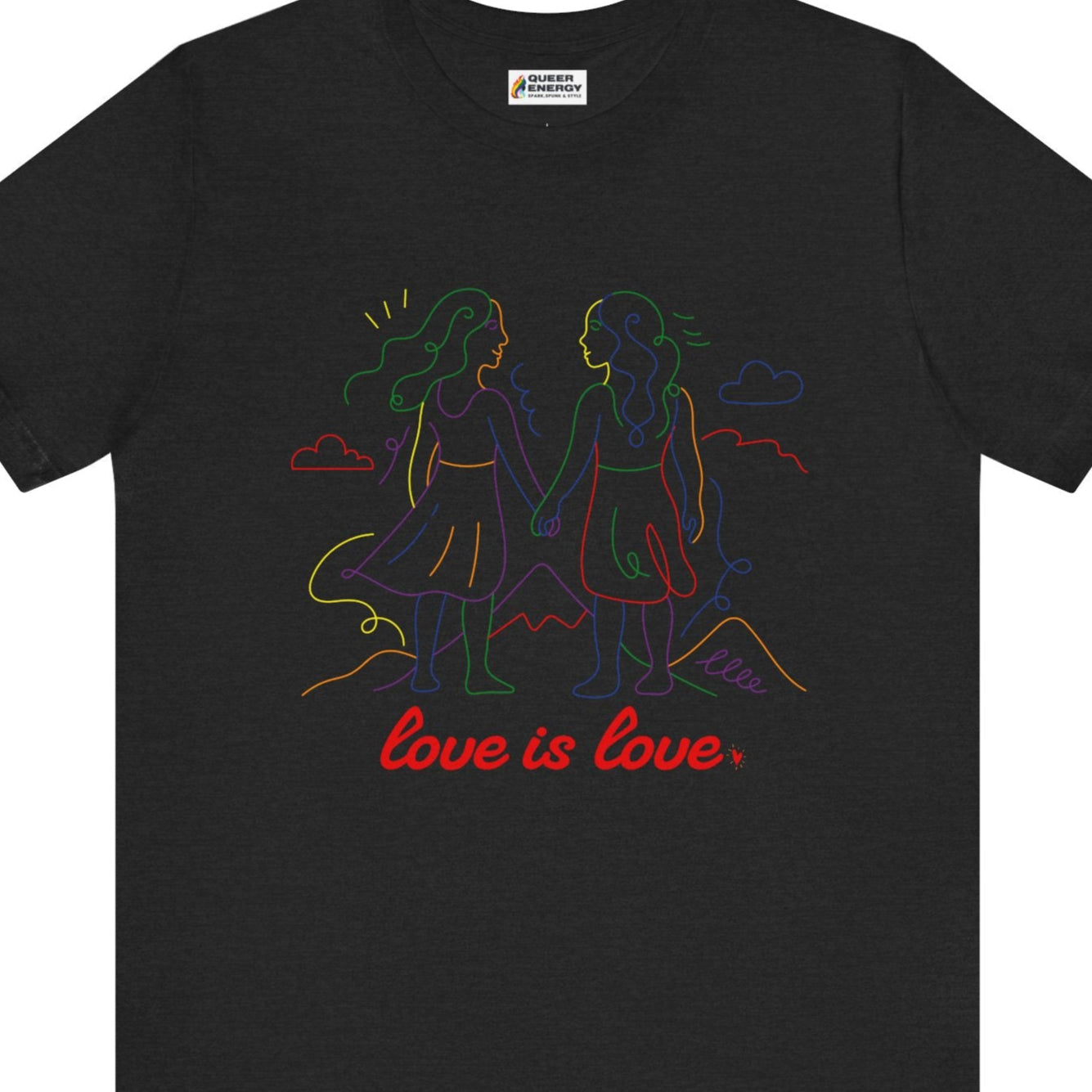 Gay pride t-shirt featuring Love is Love lesbian doodle design in rainbow colors by Queer Energy in gray