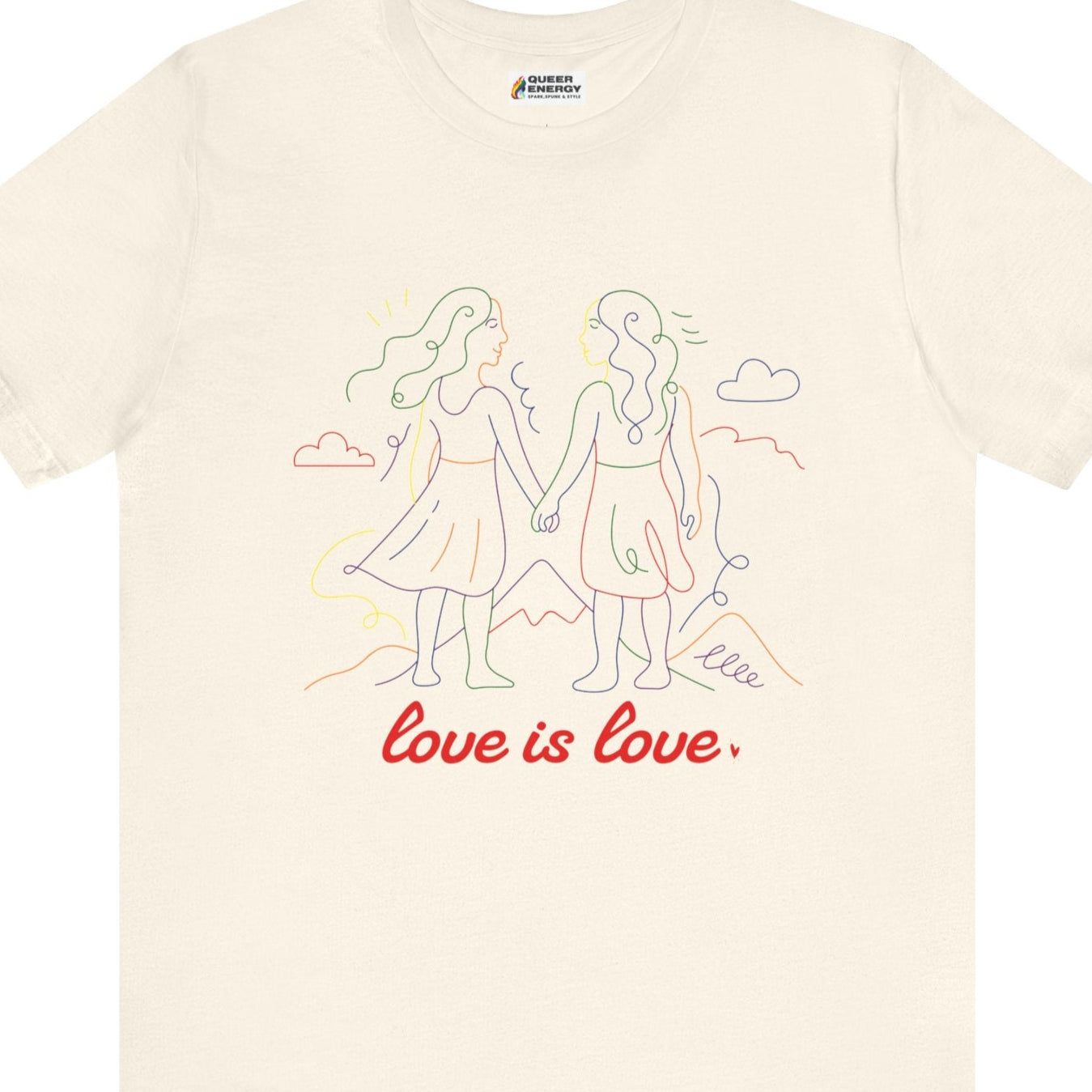 Gay pride t-shirt featuring Love is Love lesbian doodle design in rainbow colors by Queer Energy in tan