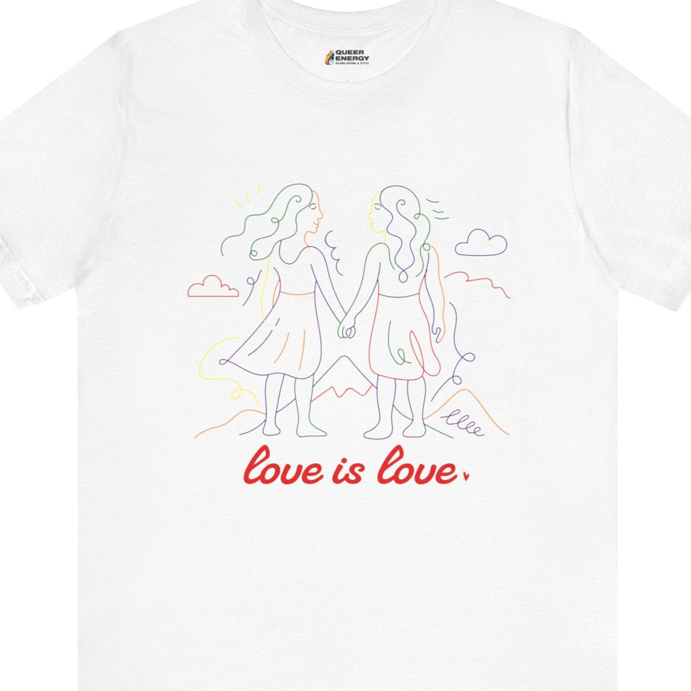 Gay pride t-shirt featuring Love is Love lesbian doodle design in rainbow colors by Queer Energy in white