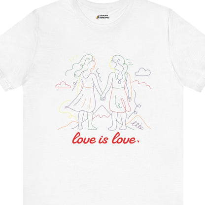 Gay pride t-shirt featuring Love is Love lesbian doodle design in rainbow colors by Queer Energy in white