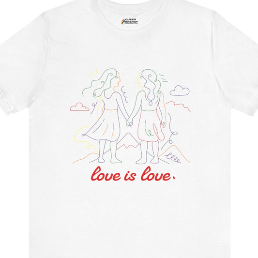 Gay pride t-shirt featuring Love is Love lesbian doodle design in rainbow colors by Queer Energy in white