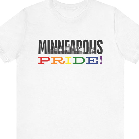 Gay pride t-shirt featuring the Minneapolis skyline with rainbow accents – Designed by Queer Energy in white 