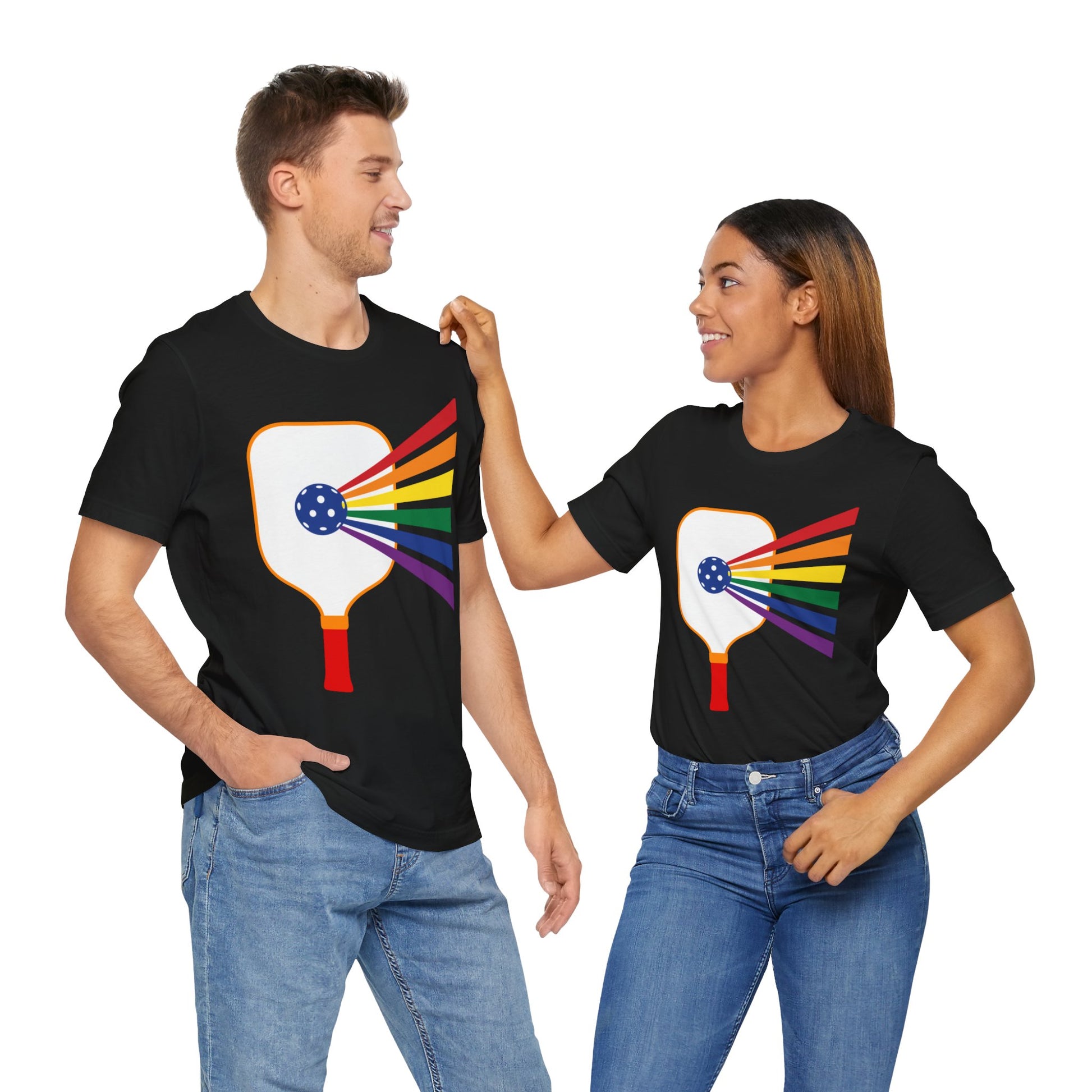 Mock of a gay man and a lesbian wearing Tees with rainbow-colored pickleball paddle design – Designed by Queer Energy