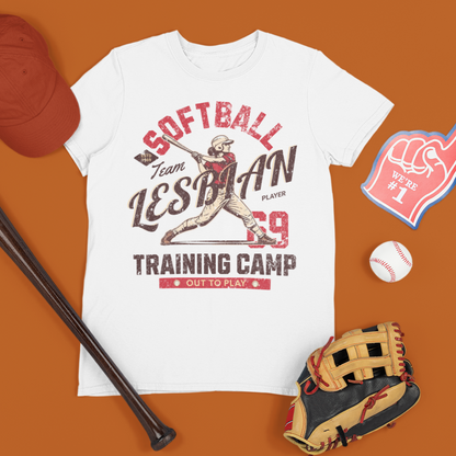 Flat lay Mockup of a white tee that says Softball Lesbian training camp