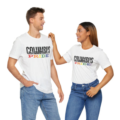 Mockup of gay man and lesbian wearing white Columbus Pride T-Shirts
