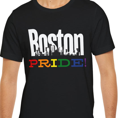 Mockup of gay man wearing a black Boston Pride Tee