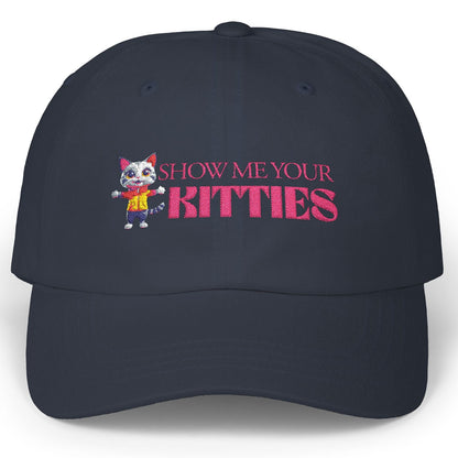 Navy lesbian cap with 'Show Me Your Kitties' text and cartoon cat on a white background