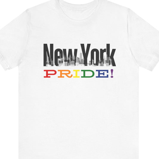 Gay pride white t-shirt featuring the New York City skyline with rainbow accents – Designed by Queer Energy