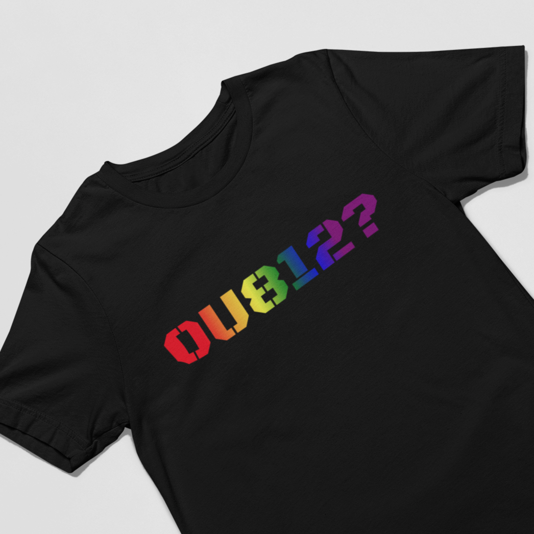 Mockup of black flat lay Gay pride t-shirt featuring OU8!2? funny LGBTQ+ rainbow text design – Designed by Queer Energy
