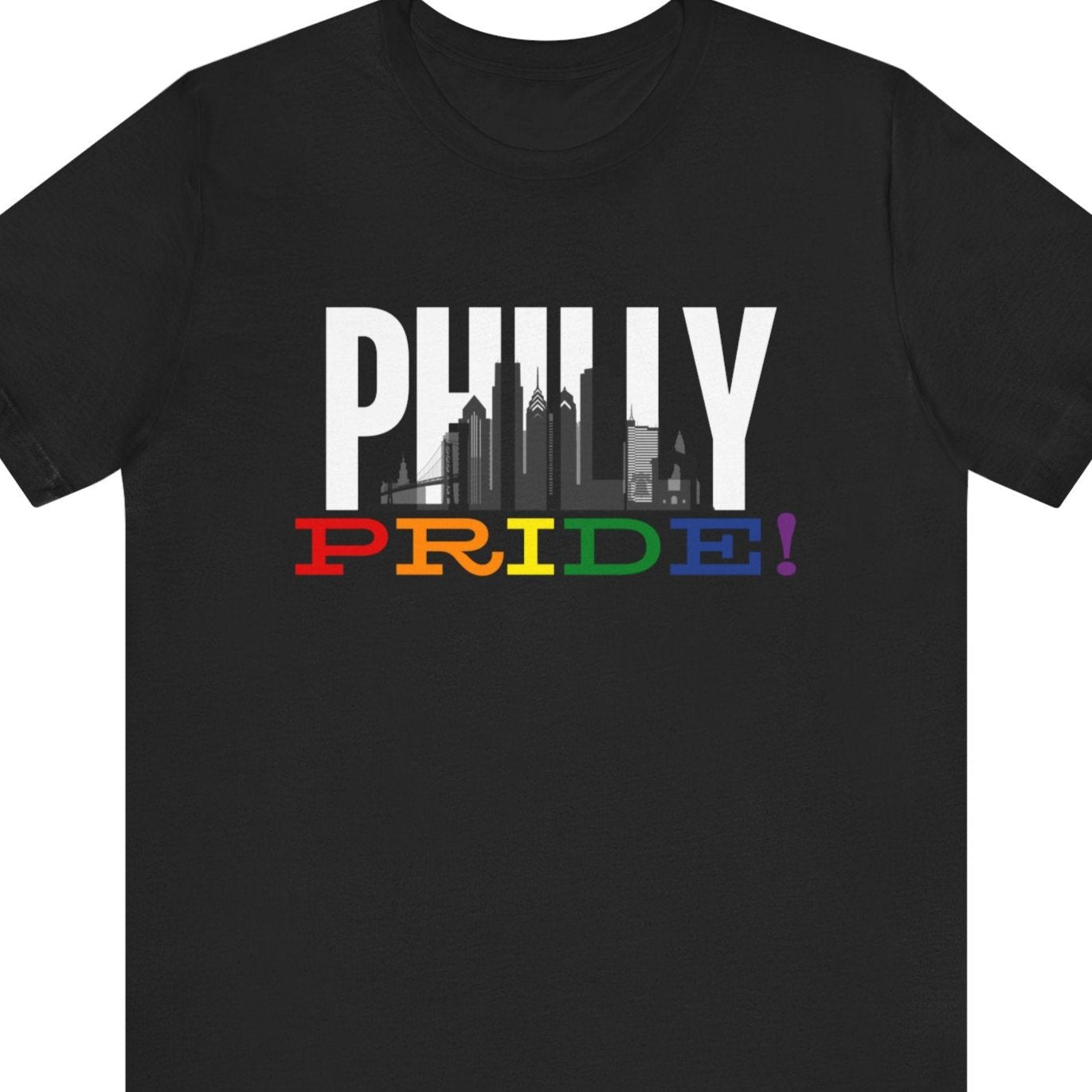Black Gay pride tee featuring rainbow "PHILLY" design | Philadelphia Pride shirt | Designed by Queer Energy | LGBTQ+ Pride tee
