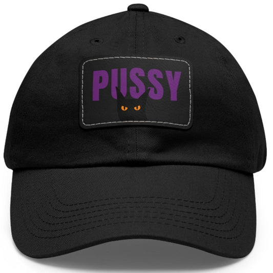 Funny lesbian hat with PUSSY (cat) design – Designed by Queer Energy front of black hat
