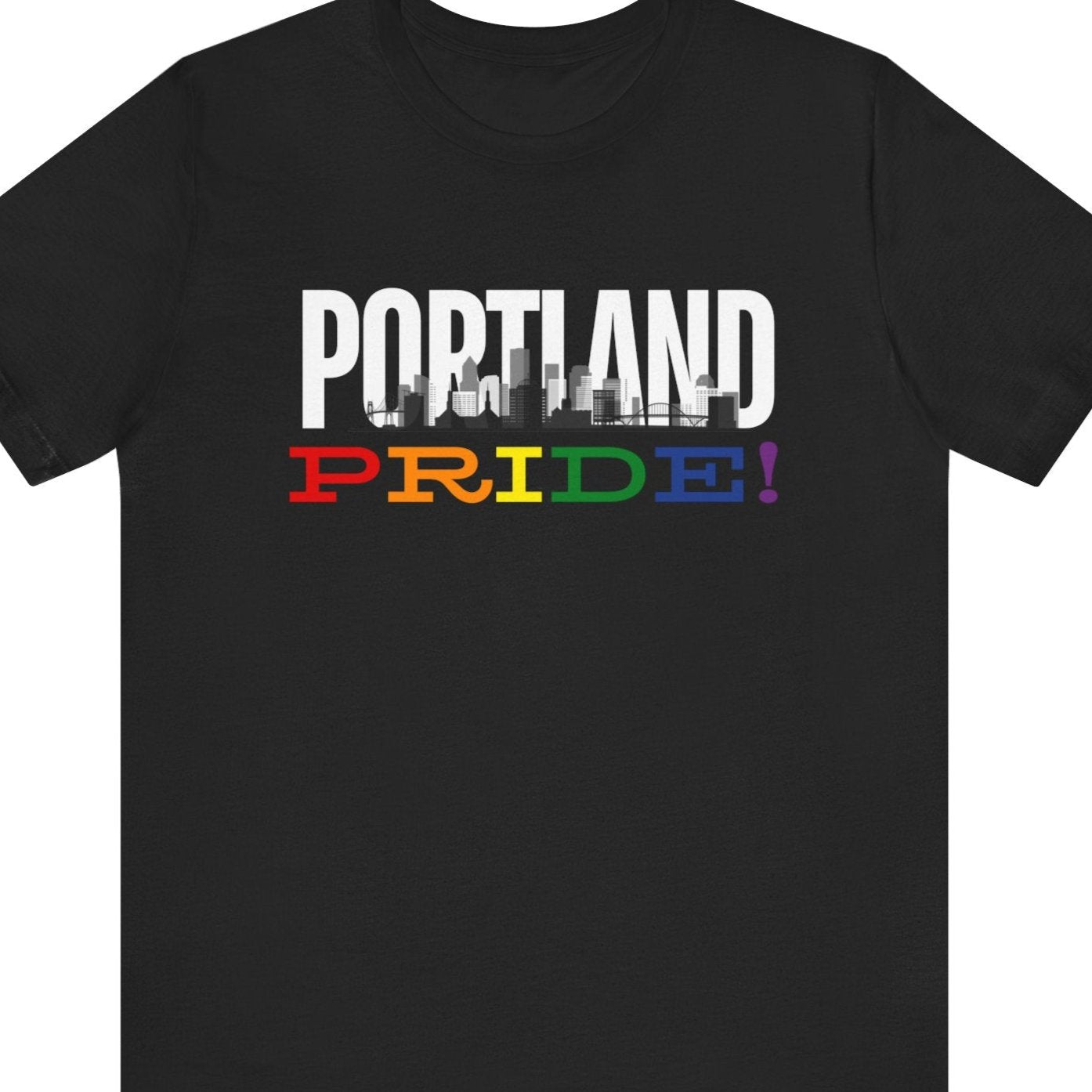 Gay pride t-shirt featuring the Portland, Oregon skyline with rainbow accents – Designed by Queer Energy in black