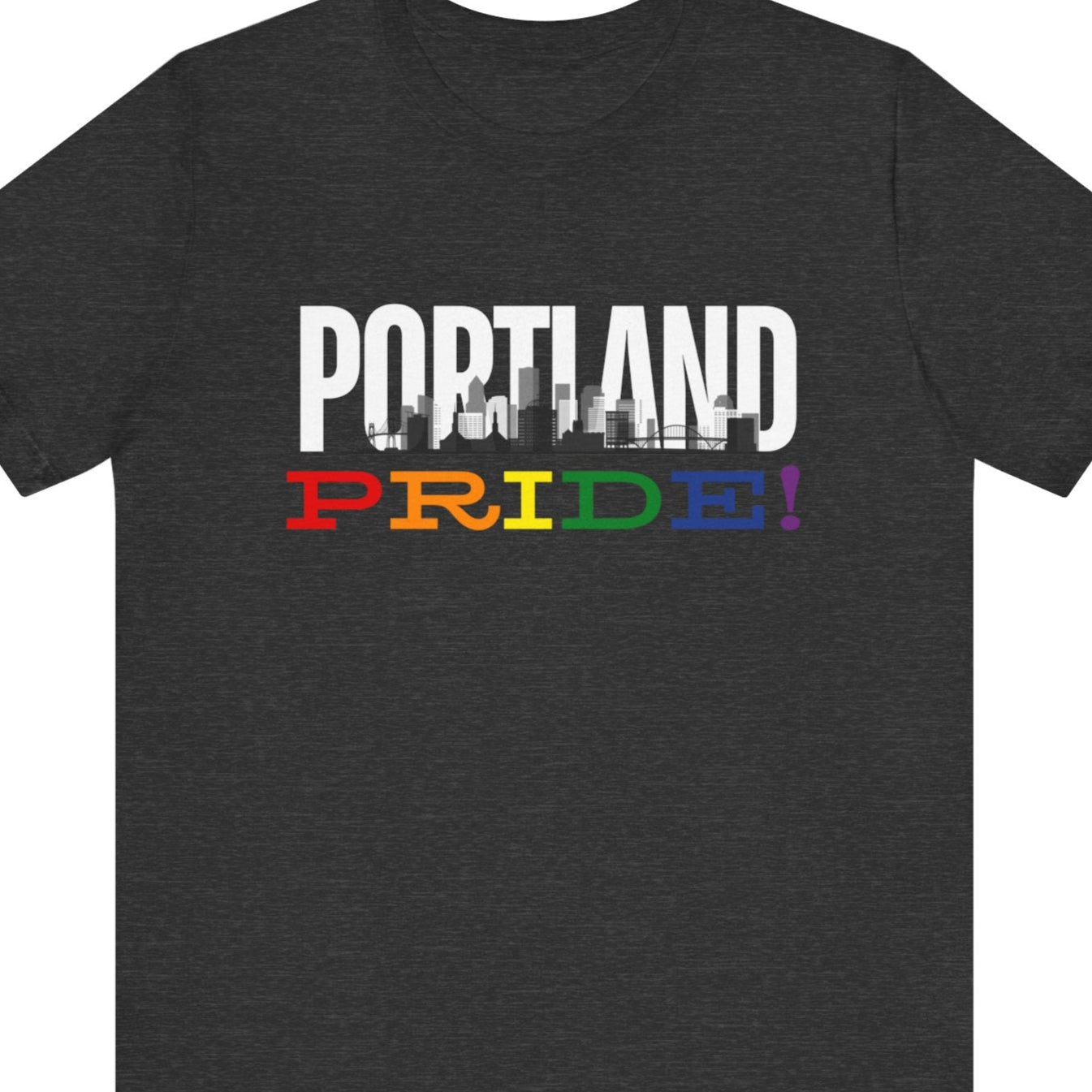 Gay pride t-shirt featuring the Portland, Oregon skyline with rainbow accents – Designed by Queer Energy in dark gray
