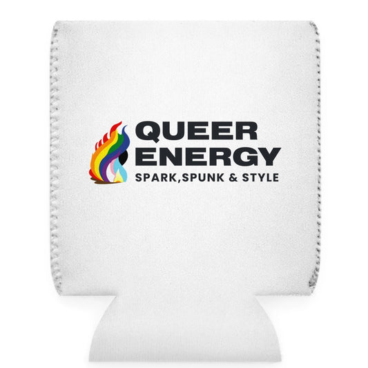 Queer Energy white can cooler with lgbtq rainbow flames