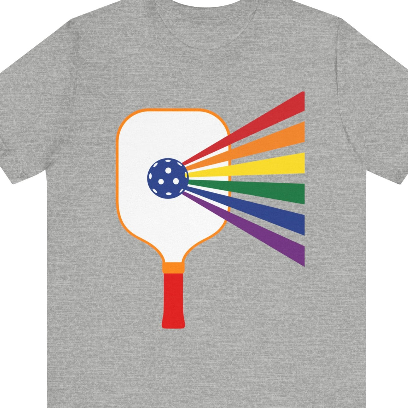 Gray Tee with rainbow-colored pickleball paddle design – Designed by Queer Energy