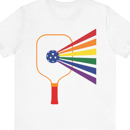 White Tee with rainbow-colored pickleball paddle design – Designed by Queer Energy