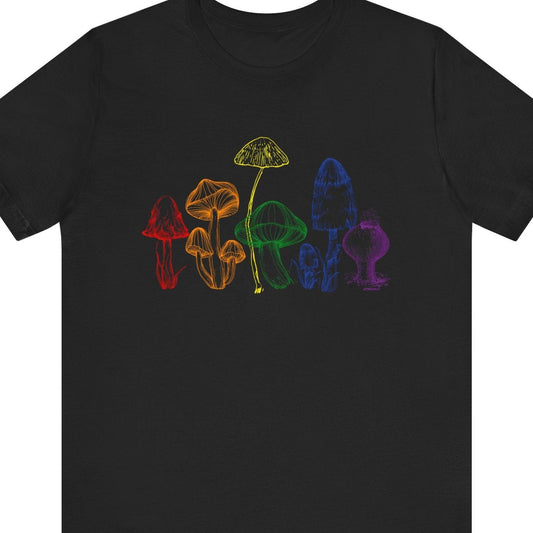 Black T-shirt with six colorful mushrooms in the colors of the LGBTQ rainbow – Designed by Queer Energy