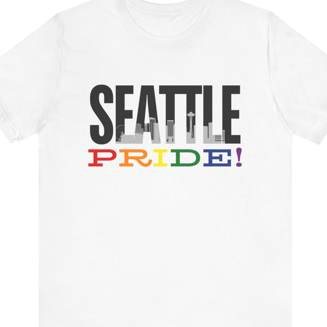 White Gay pride t-shirt with bold "SEATTLE PRIDE" text in rainbow colors – Designed by Queer Energy