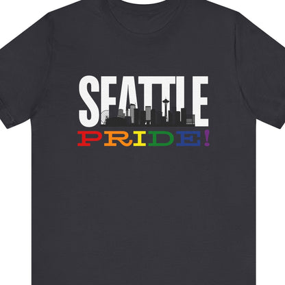 Gray Gay pride t-shirt with bold "SEATTLE PRIDE" text in rainbow colors – Designed by Queer Energy