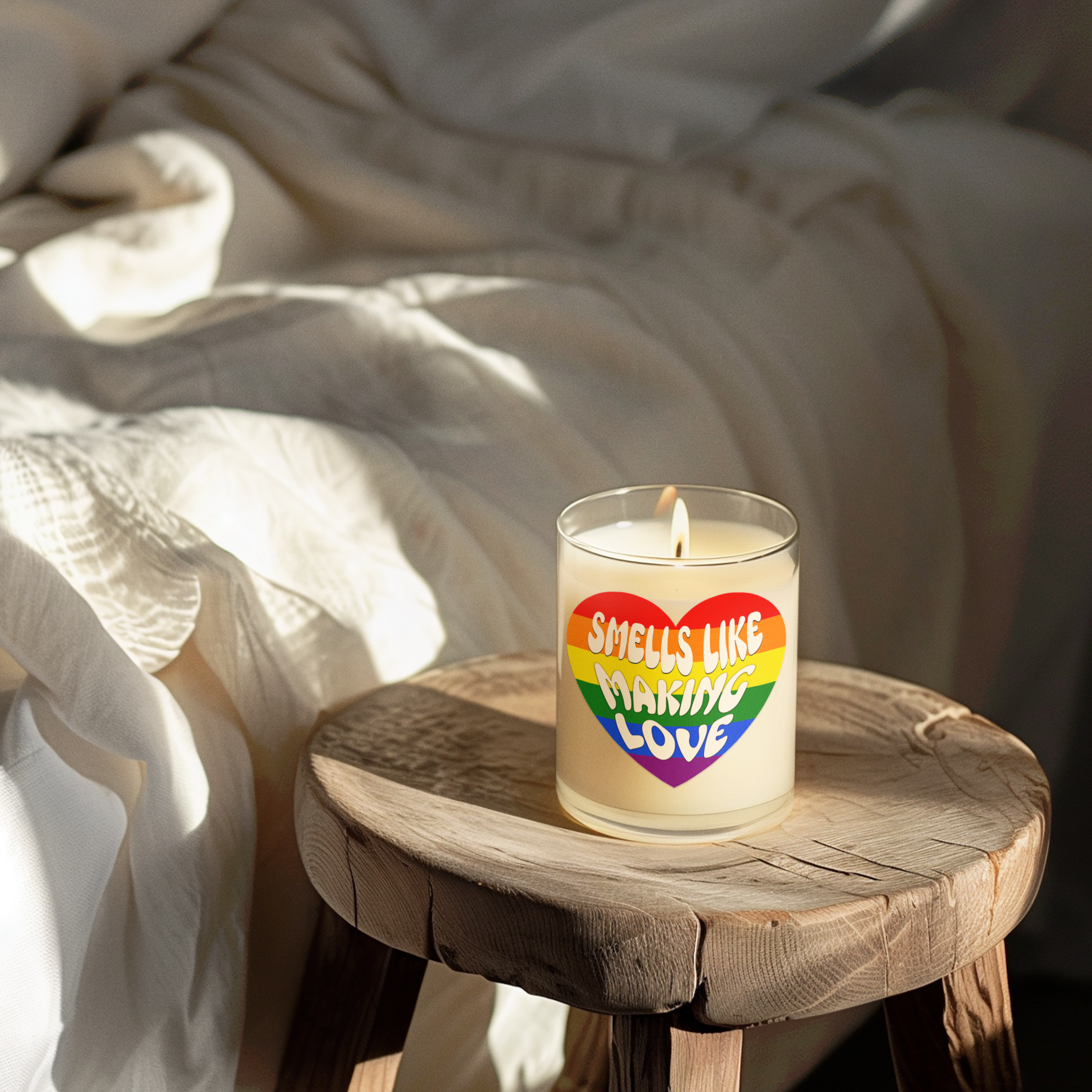 Mockup in bedroom with candle on a wood stand showcasing a white frosted glass candle with wood top that says "Smells like making love" in LGBTQ Rainbow color with unique wooden wick that crackles gently as it burns. Gay People this is for you and yours.