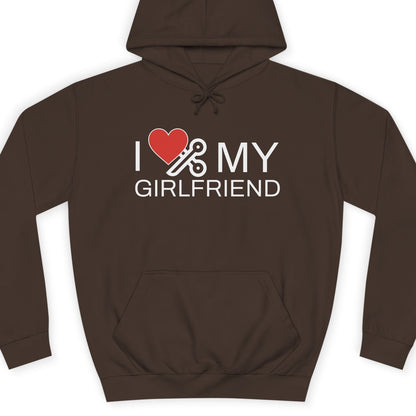  'I ❤️ MY GIRLFRIEND' text on a Brown hoodie with a white background