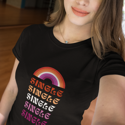 Single | Lesbian Meet-Cute Conversation Starter Tee in Lesbian Flag Colors by Queer Energy