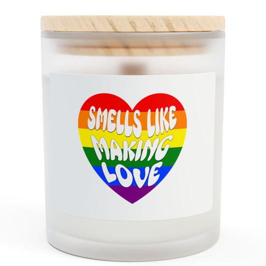 White frosted glass candle with wood top that says "Smells like making love" in LGBTQ Rainbow color with unique wooden wick that crackles gently as it burns. Gay People this is for you and yours.