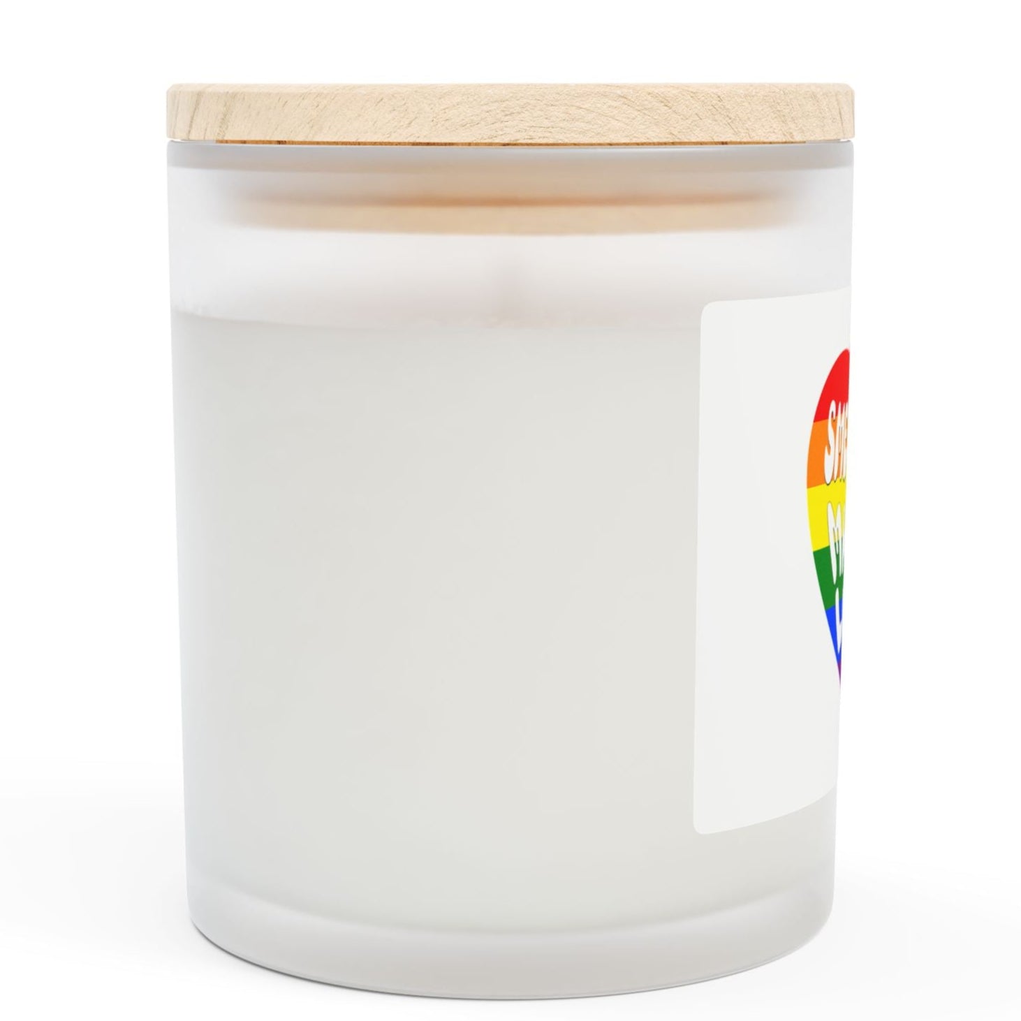 Side view of Frosted glass candle with unique wooden wick that crackles gently as it burns and says "Smells like making love" in LGBTQ Rainbow color. Gay People this is for you and yours