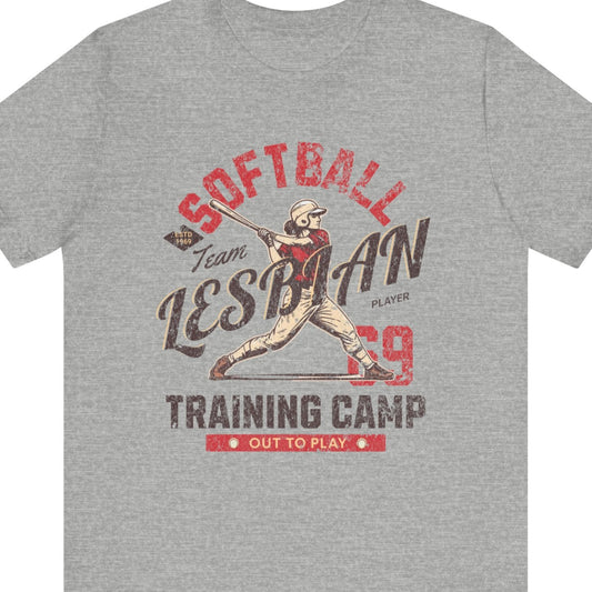 Gay pride gray t-shirt featuring Softball Lesbian Training Camp funny lesbian design in a retro style by Queer Energy