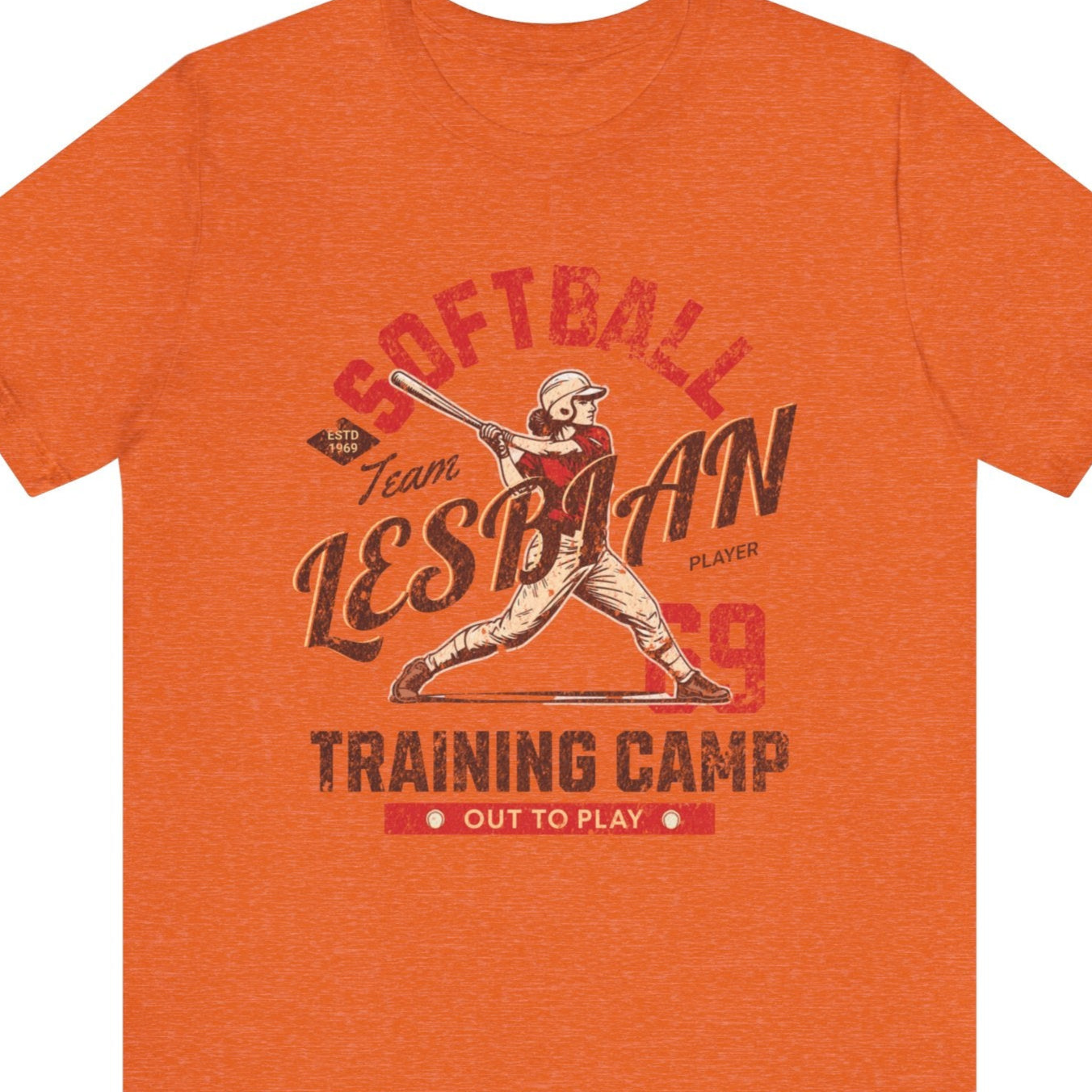 Gay pride orange t-shirt featuring Softball Lesbian Training Camp funny lesbian design in a retro style by Queer Energy