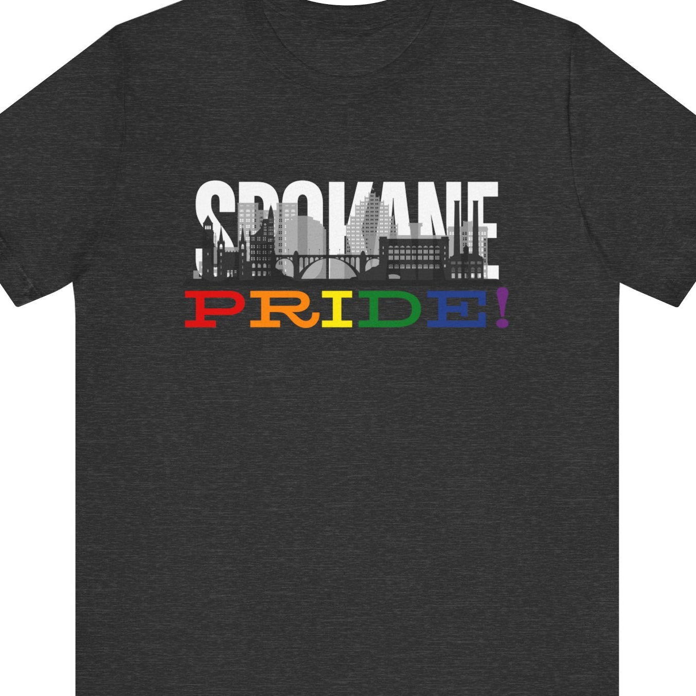 Gay pride gray t-shirt featuring the Spokane skyline with rainbow accents and the Riverfront Park Clock Tower – Designed by Queer Energy