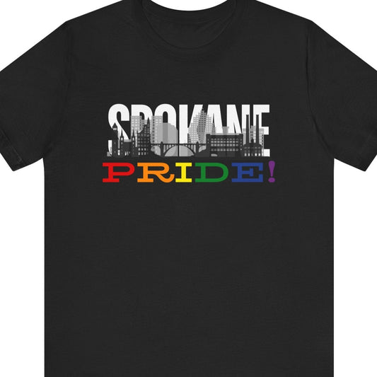 Gay pride black t-shirt featuring the Spokane skyline with rainbow accents and the clock tower– Designed by Queer Energy