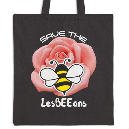 Funny lesbian tote bag with bold “TOTES GAY!” slogan on cotton canvas – Designed by Queer Energy in black