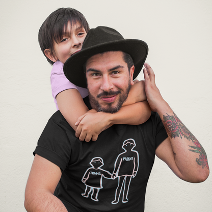 Dad and Trans Kid. Dad wearing trans pride tee featuring Trans Parent hand-holding family design in Trans Pride colors, Designed by Queer Energy.