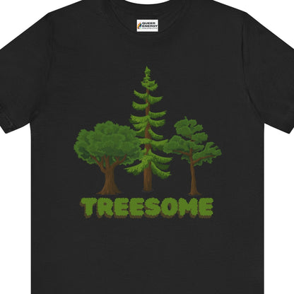 Gay pride t-shirt featuring TREESOME funny gay LGBTQ+ design – Designed by Queer Energy in black