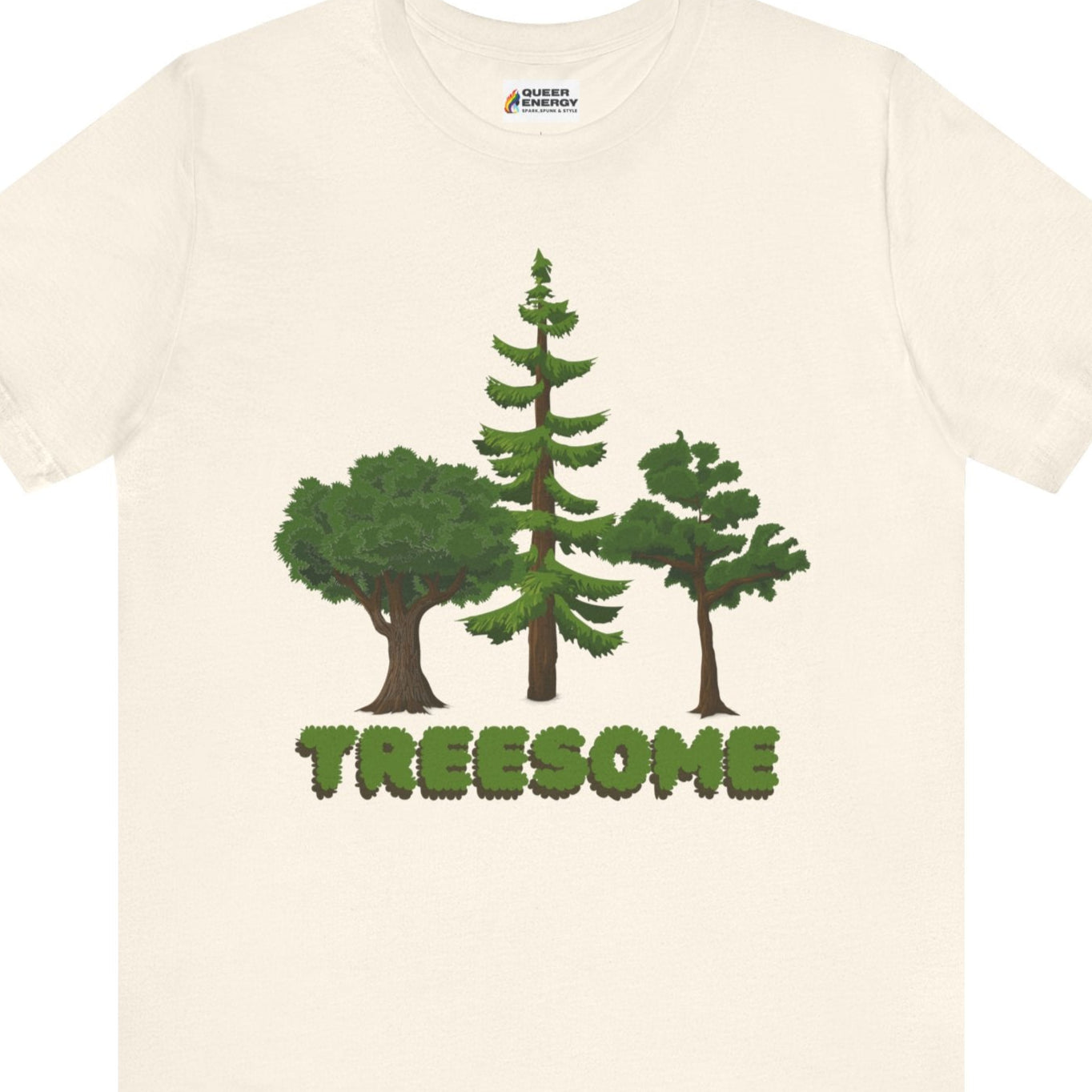 Gay pride t-shirt featuring TREESOME funny gay LGBTQ+ design – Designed by Queer Energy in tan