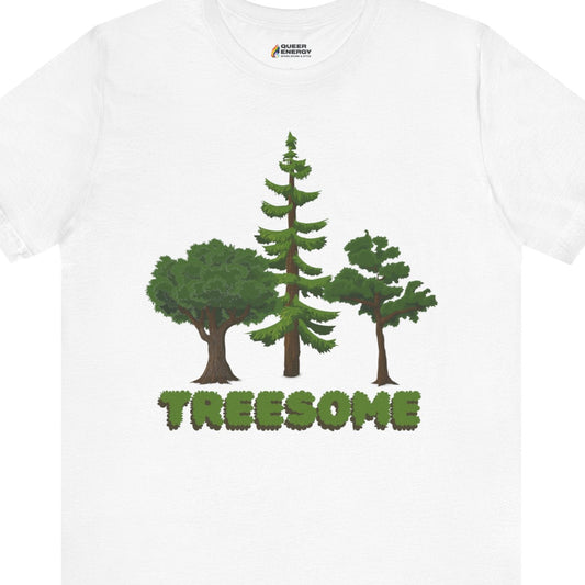Gay pride t-shirt featuring TREESOME funny gay LGBTQ+ design – Designed by Queer Energy in white