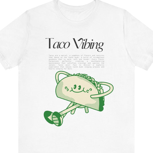 Gay pride t-shirt featuring Taco Vibing funny lesbian LGBTQ+ design – Designed by Queer Energy in white