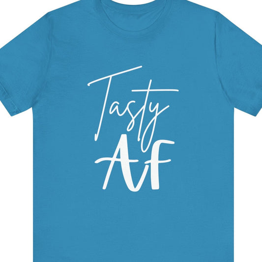 Gay pride t-shirt featuring Tasty AF funny gay LGBTQ+ design – Designed by Queer Energy in blue