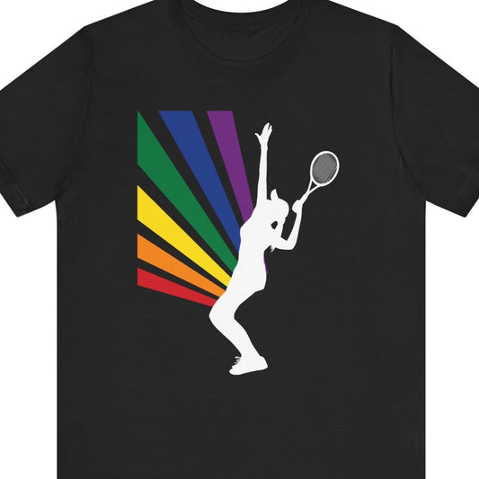Gay pride t-shirt featuring Tennis Rainbow Serve lesbian tennis LGBTQ+ design – Designed by Queer Energy in black